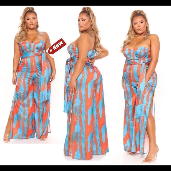 Fashion Nova Brunch And Boujee Satin Jumpsuit - Coral/Combo Sz 1X NWT - Picture 15 of 15